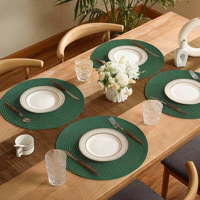 FunWheat Round Braided Placemats Set of 6 Place mats for Dining Tables Woven Heat Resistant Table Mats 15 inch (Dark Green)