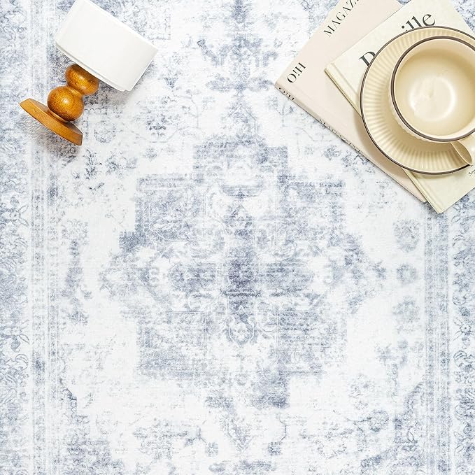 Area Rug 4x6 Washable Blue Rug Vintage Boho Medallion Entryway Door Mat Distressed Retro Carpet Non Slip Low Pile Small Soft for Office Kitchen Bedroom Laundry Bathroom Hallway