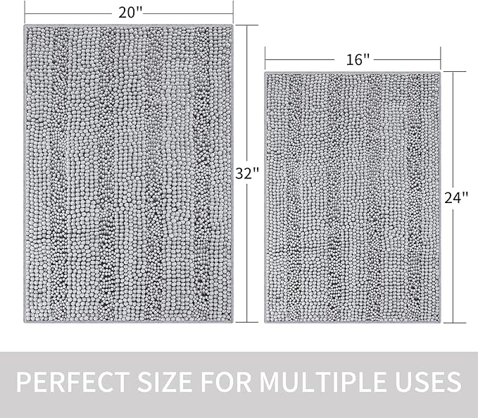 Bath Mat for Bathroom Ultra-Soft Machine Washable Rugs for Shower Room with Non-Slip Backing Shaggy Absorbent Luxury Chenille Bath Rug Perfect for Tub Sink Bedroom Door (16"x47", Light Grey)
