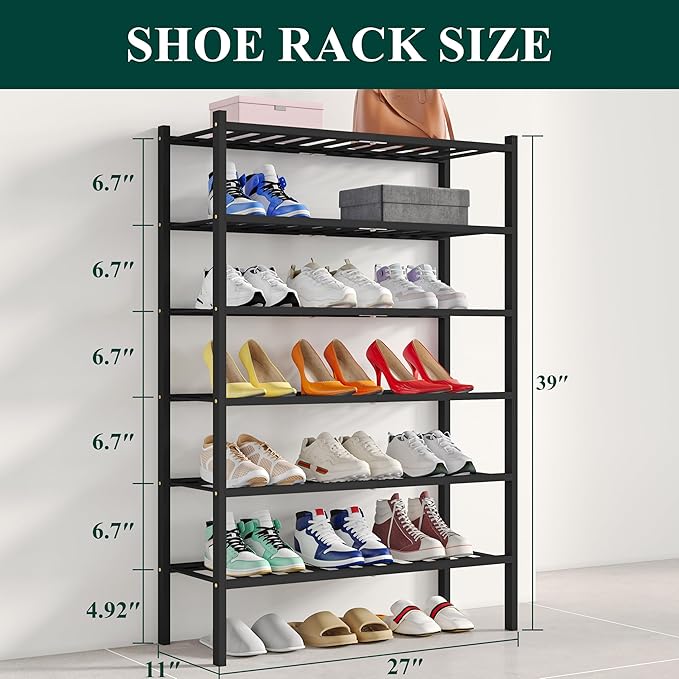 Smiry Shoe Rack, 6 Tier Bamboo Shoe Organizer, Stackable Free Standing Wooden Shoe Storage Shelf for Closet, Entryway, Front Door Entrance, Black