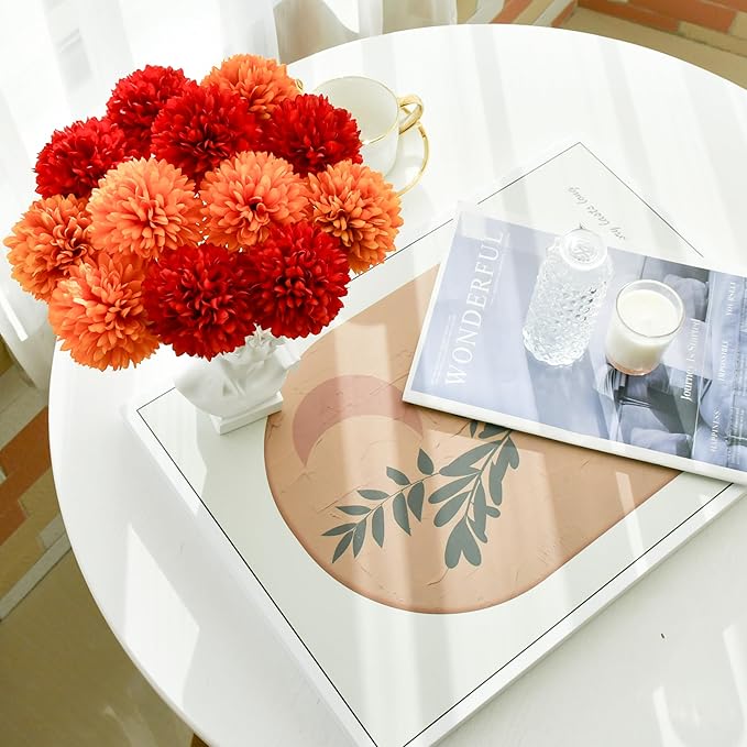 Mandy's Red and Orange Artificial Ball Chrysanthemum 12 Stems Faux Flowers with Bendable Stems for DIY Wedding Centerpiece Fall Decor Home Arrangements