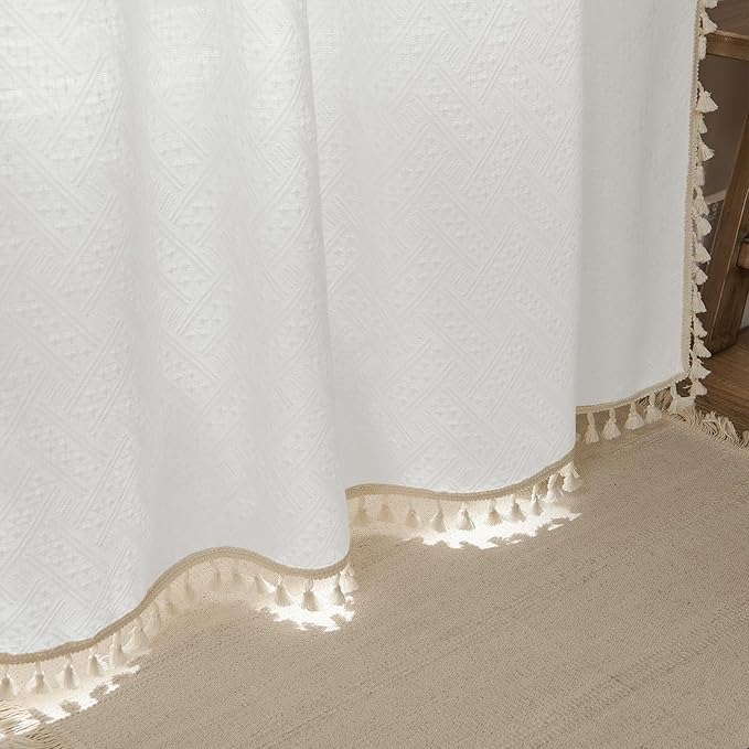 Joydeco White Boho Curtains 84 Inch Length 2 Panels, Super Soft Bohemian Farmhouse Curtains with Tassels, Semi Sheer Light Filtering Drapes for Bedroom Living Room (Rod Pocket, 52Wx84L)