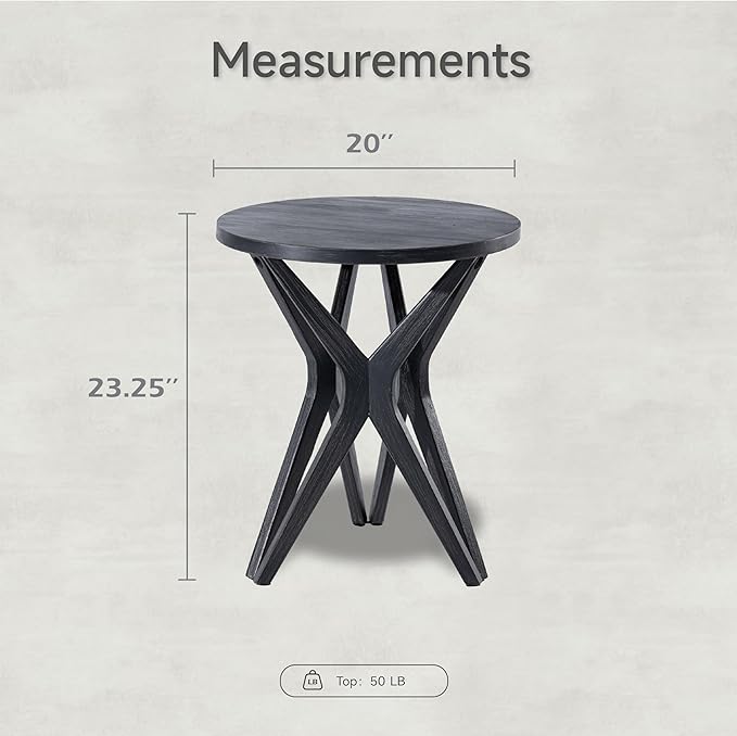 LONYKE Pedestal Farmhouse End Table, Distressed Top with Tripod Base Bedside Table for Living Room, Modern, Boho Decor, Round (1 Pack, Distressed Black)