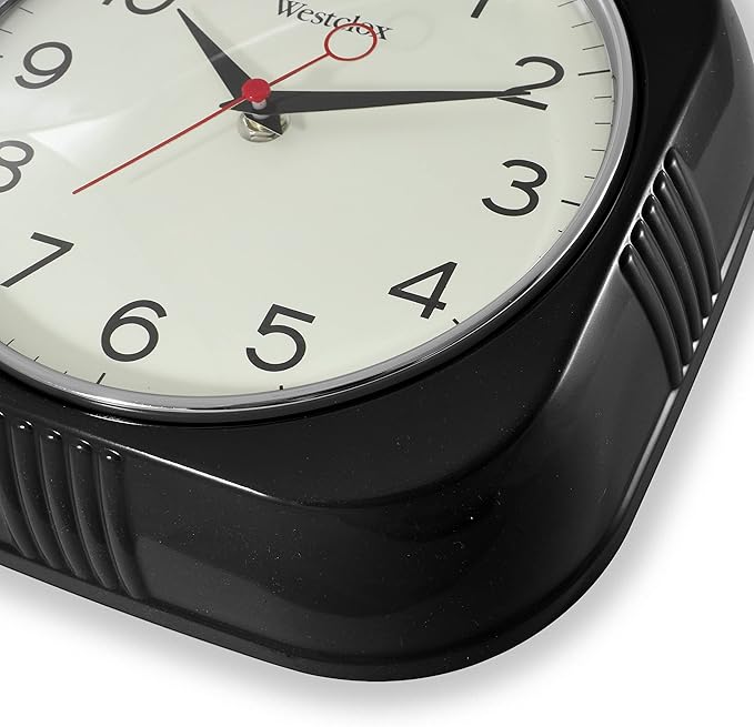 Westclox 1950s Retro Wall Clock – Bold 9.5" Display & Quiet Ticking | Mid-Century Decor for Kitchen & Living Room | Black/Square