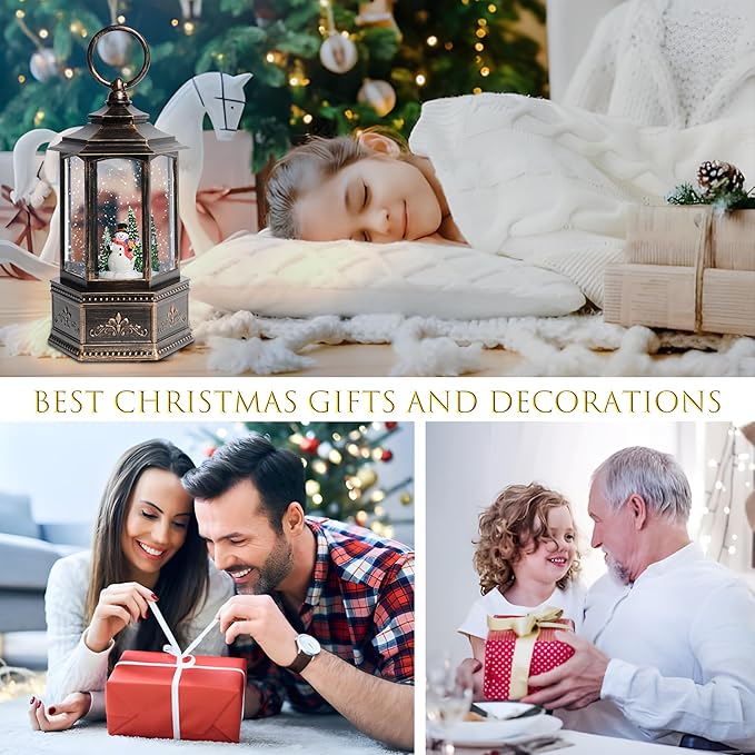 Christmas Snow Globes, 9.37" Snowman and Christmas Tree Glitter Water Lantern with 8 Songs, 6H Timer Battery & USB Powered Music Box for Christmas Decorations Indoor