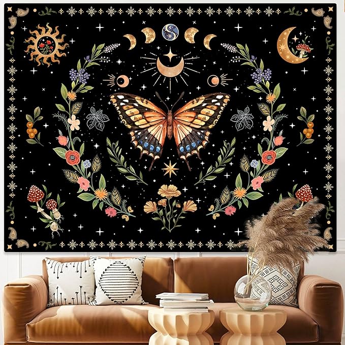 Lunerfex Boho Butterfly Tapestry Flower Moon Wall Tapestry, Moon Phases Tapestries for Bedroom Cute Tapestries Wall Hanging for Bedroom Living Room Wall Decor Butterfly-1 70"x90"