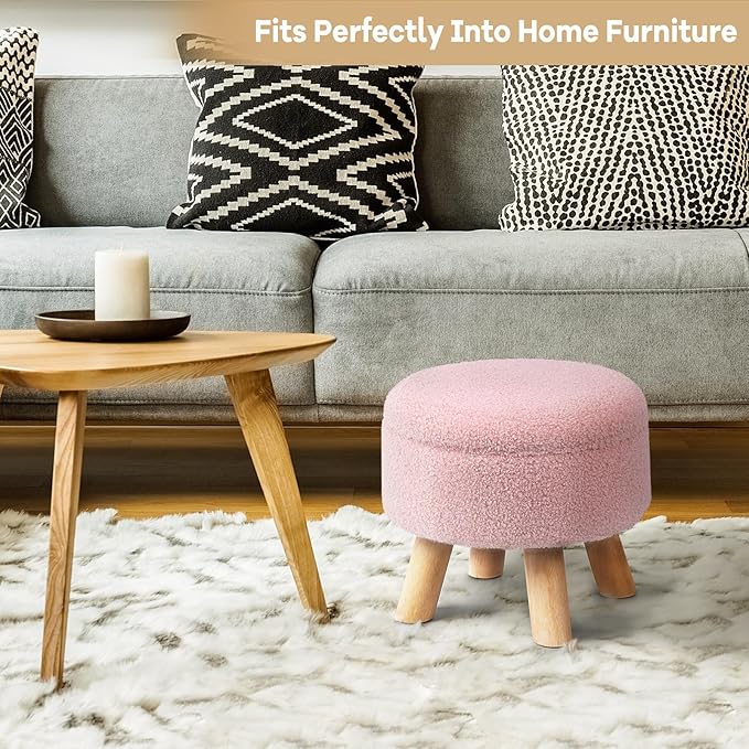 Ottoman Foot Rest, Small Round Ottoman with Storage, Boucle Teddy Velvet Footstool with Wood Legs, Soft Sponge Storage Ottoman for Living Room, Bedroom, Couch, Enterway (Pink)
