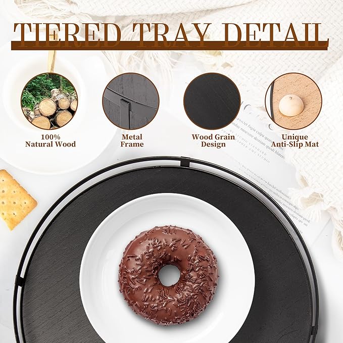 Defined Deco 12in Decorative Tray-Round Serving Tray with Metal Handle-Black Decorative Tray for Home Decor,Living Room Decor,Coffee Table Decor,Rustic Wooden Tray for Kitchen Table Decor,Dining Table