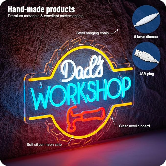 Dad's Workshop Neon Sign for Wall Decor Garage LED Light Car signs for Auto Repair Shop Man Cave Gift for Father 12.6 x 16.5 in (White Orange)