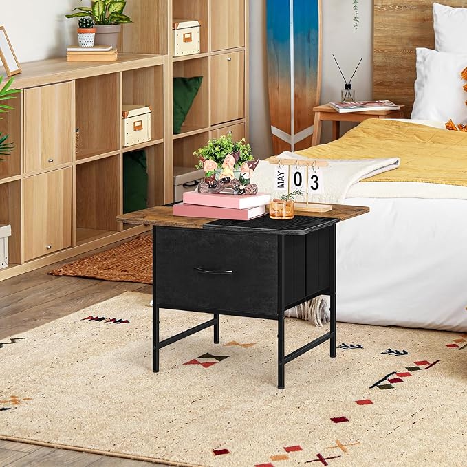 Small Storage Coffee Tables for Living Room Rustic Square Coffee Table with 2 Fabric Drawers Wooden Center Table Tea Table for Living Room Bedroom Small Spaces Guest Room Balcony, Brown and Black