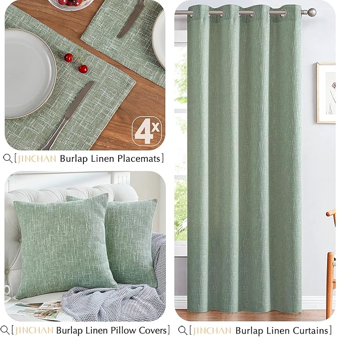 JINCHAN Burlap Textured Placemats Set of Four Farmhouse Cloth Place Mats Table Mats Sturdy Fabric Placemats for Kitchen Dining Table Double Layer Heat Resistant Tablemats 13 x 19 Inch Green