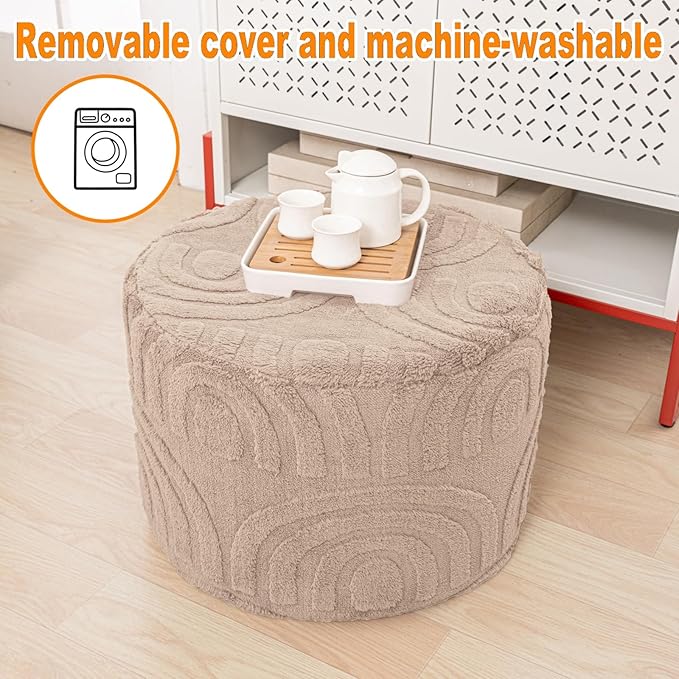 Asuprui Round Ottoman Pouf Ottoman Foot Stool Seat Faux Fur Bean Bag Foot Rest Floor Chair Leg Rest for Living Room, Bedroom or Wedding Gifts 20x20x14 Inches (Natural Linen)