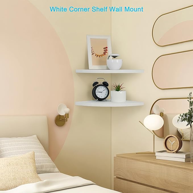Corner Wall Shelves Set of 2, Rustic Wood Corner Floating Shelves with Cable Raceway, Wall Mount Storage Display for TV Accessories, Baby Monitor (White, Fan-shaped-12 Inch)