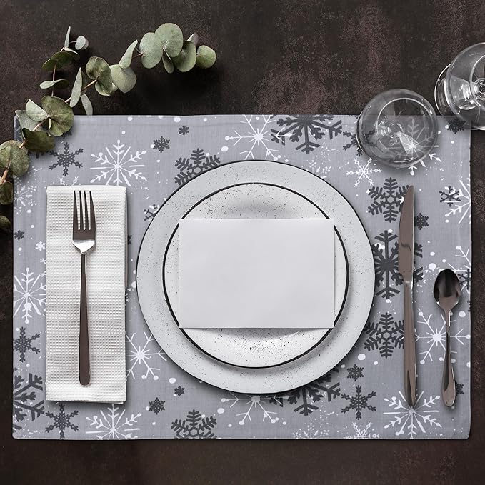 Urban Villa Placemats Grey Snowflake 100% Cotton Fused Tablemats for Dining 14''x20'' Over Sized Set of 6 Placemats for Christmas Celabrations Wedding Parties Every Day Use Heavier Quality Placemats