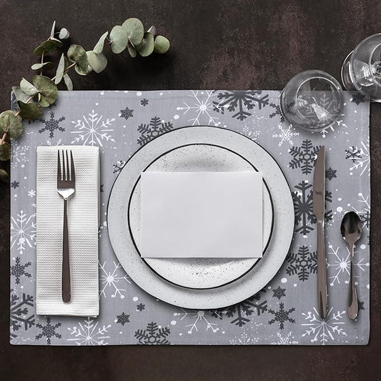 Urban Villa Placemats Grey Snowflake 100% Cotton Fused Tablemats for Dining 14''x20'' Over Sized Set of 6 Placemats for Christmas Celabrations Wedding Parties Every Day Use Heavier Quality Placemats