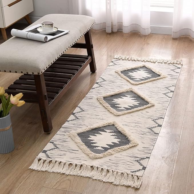Boho Runner Rug 2'x5', Washable Hallway Rug Runner Non Slip Rubber Backed, Kitchen Farmhouse Area Rug Floor Mat with Tassels, Tufted Woven Cotton Entryway Carpet, Grey