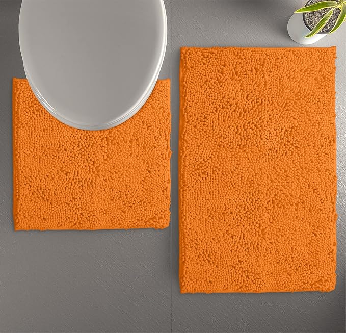 LuxUrux Bathroom Rugs Sets 2 Piece: Quick Dry, Soft Plush Anti-Slip, Super Absorbent. Includes Rectangular (31x20 inches) & U-Shaped Toilet Mat (20x20 inches) | Orange