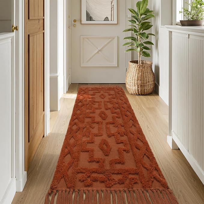 Uphome Boho Runners for Hallways 2' x 6', Washable Farmhouse Entryway Runner Rug, Cotton Tufted Bedroom Runner Rugs, Bohemian Tribal Throw Aesthetic Rug for Kitchen Doorway Living Room, Terracotta