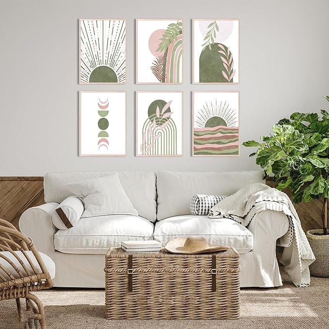 RETRART Sage Green Boho Wall Art, Minimalist Wall Art Wall Decor Geometric Line Leaf Sun Moon Beige Green Canvas Artwork Paintings, Abstract Botanical Sage Gr een Boho Room Decor - 8"x10"