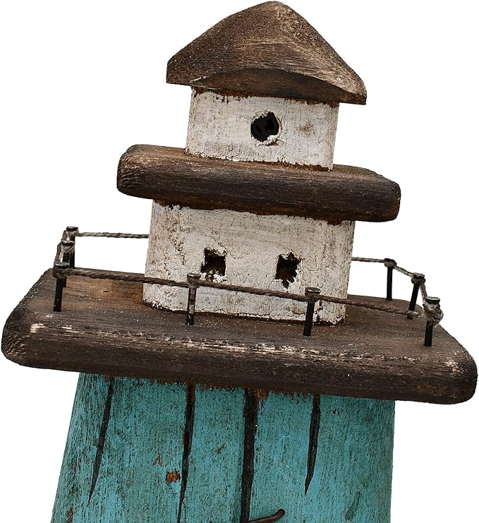 K KILIPES Beach Lighthouse for Bathroom Nautical Home Decor, 13" H Wood Lighthouse Table Decoration Coastal Centerpiece Hand Crafted Lighthouse Sculpture Ocean Decorations (Blue, M)
