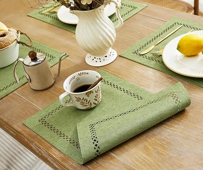 Burlap Placemats Set of 6, 12 x 18 Inch Rustic Geometric Hollow Place Mats, Heat Resistant Placemats for Farmhouse Kitchen Table Decor, Sage Green 6PCS