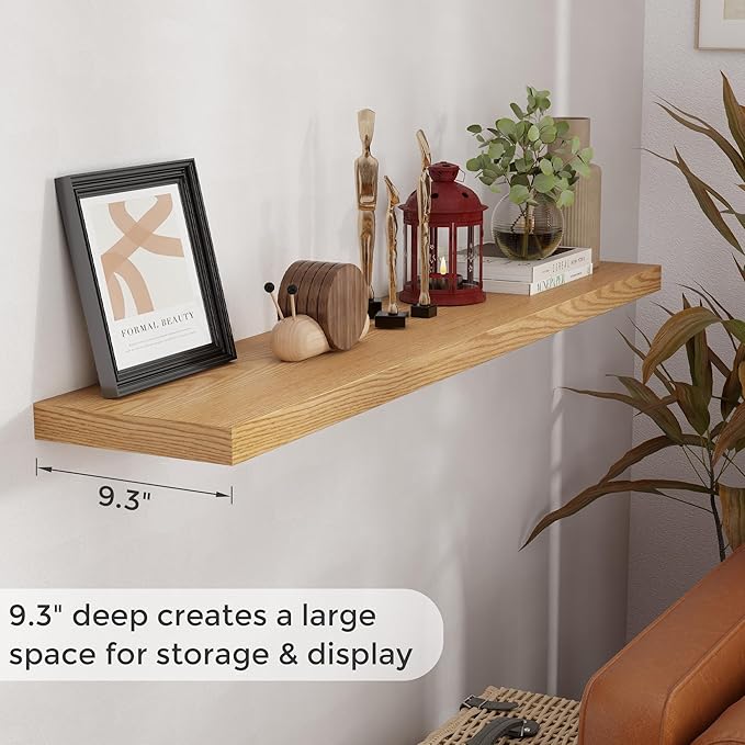 Fun Memories 55 Inch Oak Floating Shelves, 9.3 Inch Deep Wall Mounted Floating Shelf, 55 x 9.3 Large Storage Wall Shelf for Living Room, Floating TV Stand, Farmhouse Rustic 55" Long Fireplace Mantel