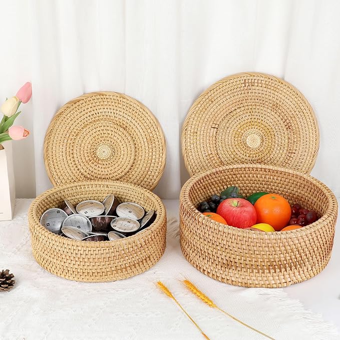 Hipiwe Round Rattan Boxes with Lid Woven Wicker Storage Basket Bin Decorative Shelf Baskets Multi-Purpose Household Organizer Lidded Basket for Storage Rattan Box, 11.9 x6 inch