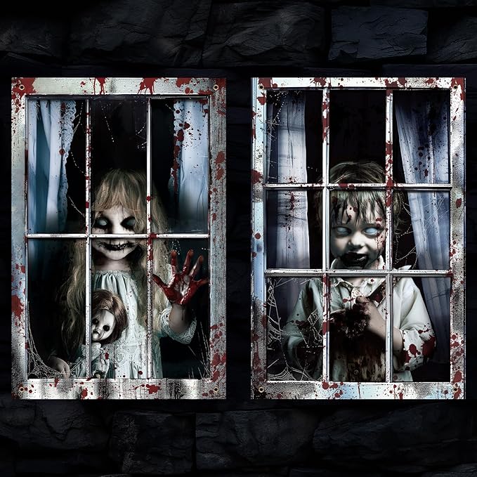 2 Pcs Halloween Boy and Girl Scary Curtain Halloween Window Silhouette Decoration Blood Ghost Window Cover Horror Theme Window Poster for Indoor Outdoor Party Wall Garage Door Decor