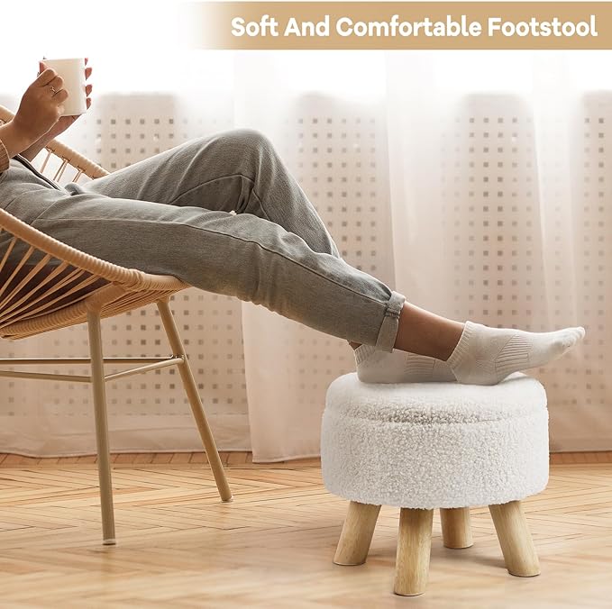 Ottoman Foot Rest, Small Round Ottoman with Storage, Boucle Teddy Velvet Footstool with Wood Legs, Soft Sponge Storage Ottoman for Living Room, Bedroom, Couch, Enterway (Cream)
