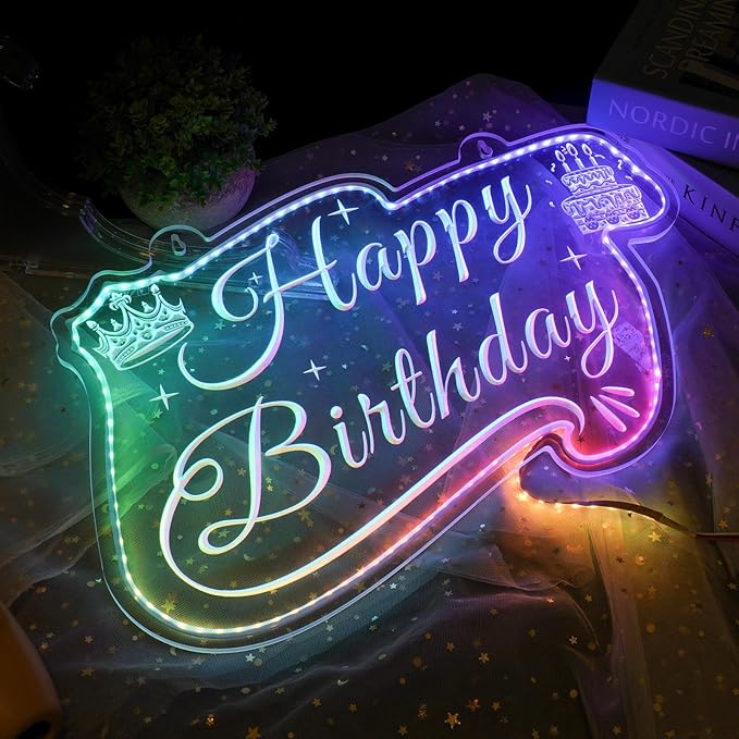 Happy Birthday LED Neon Sign for Backdrop Birthday Party Decoration, RGB Colorful Dimmable Light Up Signs, Art Decoration Happy Birthday Neon Sign for Wall Decor(RGB Color, 16x11 Inch)