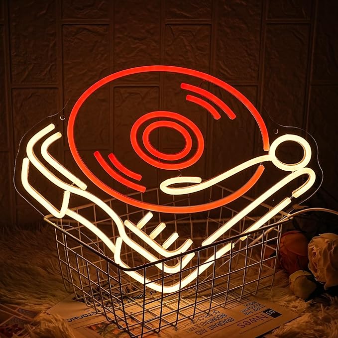 Record Player Neon Sign Retro Red Warm Music Record Neon Light Neon Signs for Studio Decor Live Art Neon Light Sign for Bedroom Beer Bar Decoration