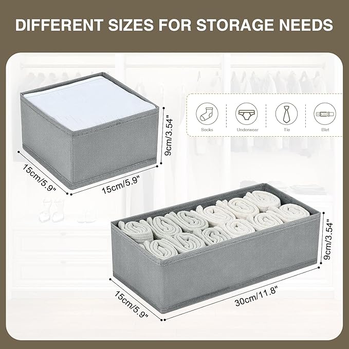DIMJ Drawer Organizers for Clothing, Set of 12 Dresser Drawer Organizers, Fabric Closet Organizers and Storage, Drawer Dividers for Baby Clothes, Socks, Belt, Tie (Grey)