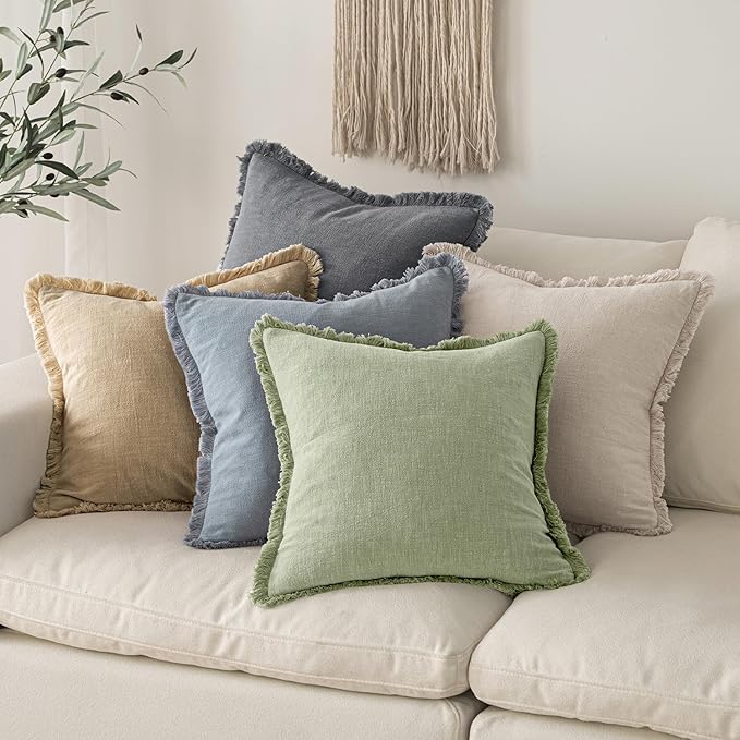 MIULEE Decorative Throw Pillow Covers Neutral Linen Fringe Throw Pillows Set of 2 Sage Green Boho Farmhouse Cushion Covers with Tassels for Couch Sofa Bed Living Room Spring Home Decor 20x20 Inch