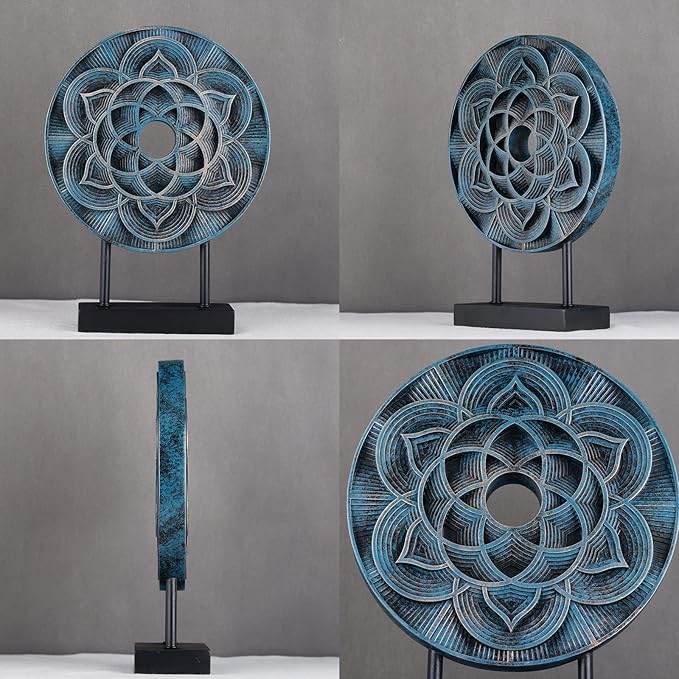 DOVDOV Unique Geometric Pattern Statue, Hand Carved Modern Home Decor Style, Table Carving Statue Accessory for Living Room Entrance Shelves (Blue)