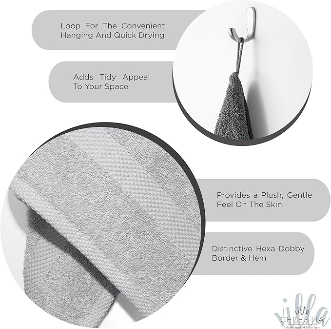 100% Cotton Hand Towel Set of 2, (16 x 28 inches) Sustainable, Soft, Highly Absorbent, Quick Drying, Combed Cotton Hand Towels Pack of 2 Ideal for Hotels, Spa, Bathroom, Dorm, Silver