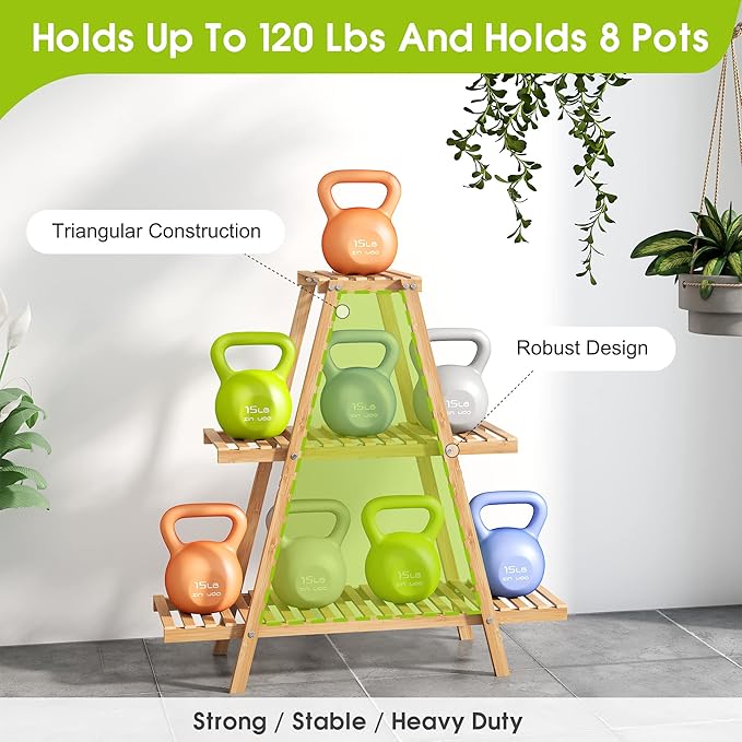 BMOSU Plant Stand Bamboo for Indoor Outdoor Tiered Plant Shelf 8 Potted Flower Holder Ladder Rack Garden Balcony Living Room Patio(3 Tier Natural)