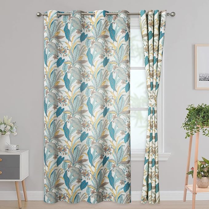 Leeva Printed Window Curtain Set of 2, Lake Blue Leaves Pattern Window Treatment for Living Room, Grommet Room Darkening Curtains 63 Inches Long, 52 x 63