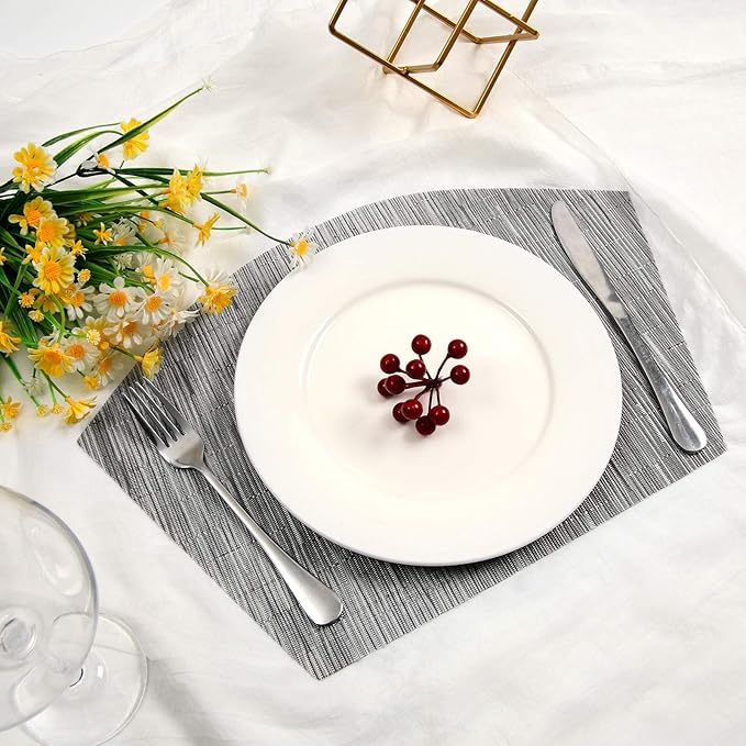 SHACOS Small Round Table Placemats Set of 4 Wedge Placemats Heat Resistant Woven Vinyl Table Mats Wipe Clean (4, Silver Gray)