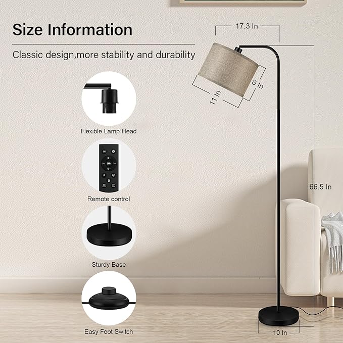 BoostArea Dimmable Floor Lamp for Living Room,Arc Sofa Lamps with Remote,Stepless Dimmable & Colors Temperature 2700k-6500k,67 in,Tall Flexible Head Standing Lamp for Bedroom Study Room Office,Jute