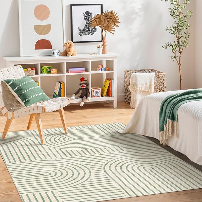 Washable 4x6 Area Rug - Boho Living Room Rug Stain Resistant Soft Modern Rugs for Bedroom Ultra-Thin Sage Green Abstract Rainbow Dining Room Rugs Indoor Carpet for Living Room Nursery Room