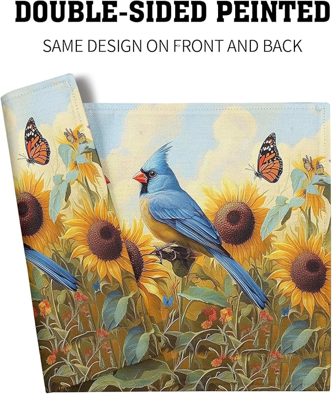 Giwawa Sunflower Birds Placemats Set of 4, Summer Sun Flower Butterflies Linen Place Mat 12x18 Inch, Farmhouse Floral Washable Table Mats Kitchen Dining Tabletop Party Picnic Decor