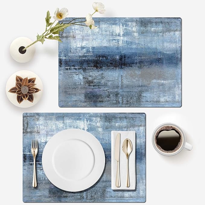 Mcalk Dark Blue Table Runner and Placemats Set of 6 Pieces, Blue Placemat, Cloth Place Mats Indoor for Kitchen, Washable Abstract Placemats Linen Material for Dining Table