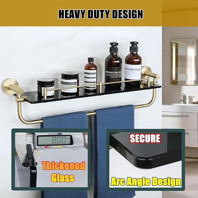 Alise Bathroom Shelves Glass Shelf with Bar,Wall Mount Floating Shelves for Bathroom,Tempered Glass Rack Holder Storage Organizer,GDL8600-GB SUS 304 Stainless Steel Gold and Black Finish