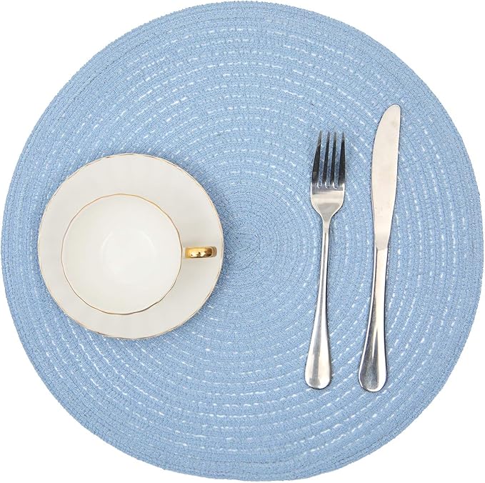 SHACOS Round Braided Placemats Set of 4 Washable 15 inch Round Non Slip Table Place Mats for Dining Tables (Light Blue, 4)