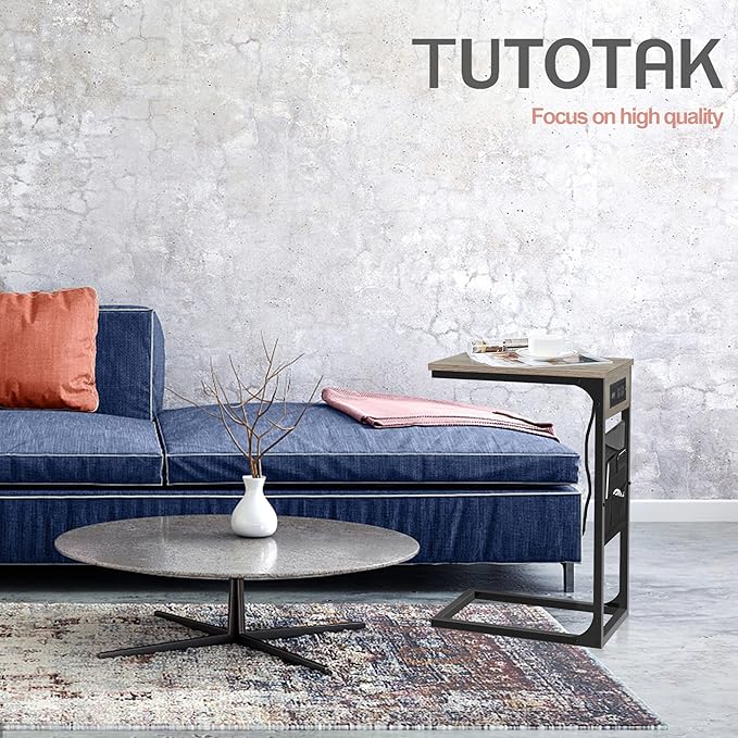 TUTOTAK C Shaped End Table with Charging Station, Side Table for Sofa, Couch Table with Storage Bag, Set of 2, TV Tray Table with 2 USB Ports and Outlets for Living Room, Bedroom, TB01BG0242