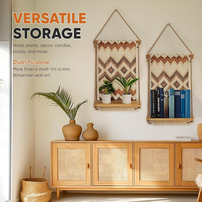 Wall Mounted Shelf, Bohemian Style Decorative Hanging Cloth, Handmade Natural Material, Suitable for Living Room Bedroom Home Storage Hanging Indoor Plant Shelf (Stripe Type)
