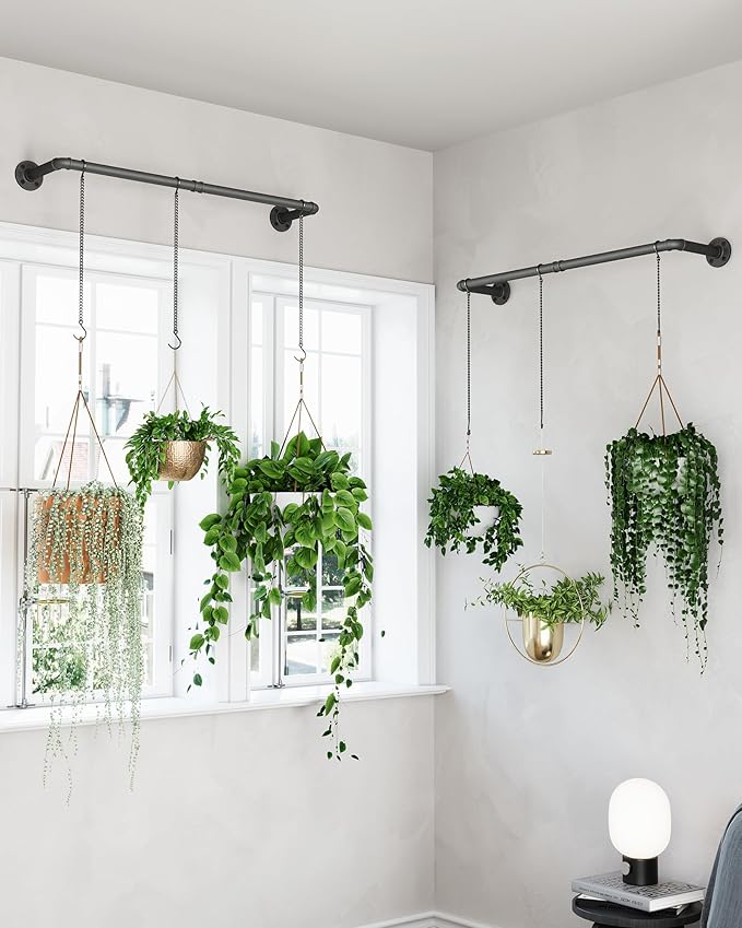 Plant Hanger Indoor, 2 Pack Hanging Planters Rod for Indoor Plants with 6 Hanging Chains, Wall Plant Hanging Rod for Window Ceiling, 38.2 Inch, Metal/Black, Pots Not Included