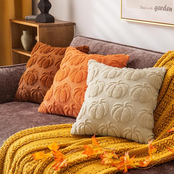 Beige Pumpkin Fall Decorative Throw Pillow Covers 18"x18", Set of 2 Soft Faux Fur Pillow Covers for Autumn Harvest, Fluffy Plush Accent Pillow Cases for Farmhouse Couch Cushion Covers