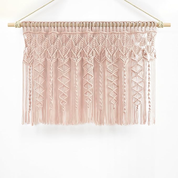 Lush Decor Boho Macrame Textured Cotton Valance, 40" W x 30" L, Blush - Boho Kitchen Curtains & Wall Decor - Macrame Valance - Bathroom Window Curtains