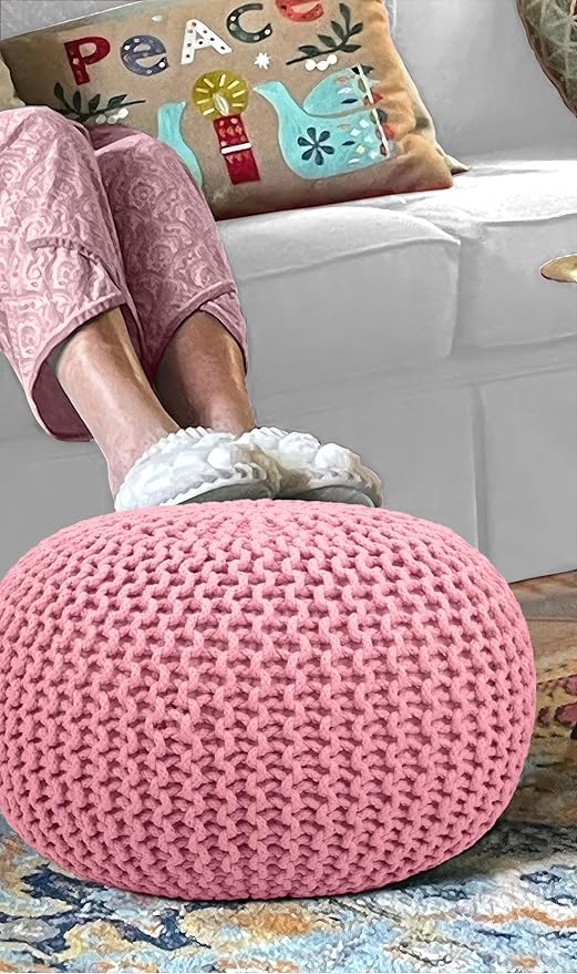 COTTON CRAFT Round Pouf - Hand Knitted Cotton Braid Cord Cable Dori Ottoman - Foot Stool - Floor Pouf Footrest Accent Seat Furniture Bean Bag - Living Room Kids Room Nursery Dorm Décor - 20x14 - Pink